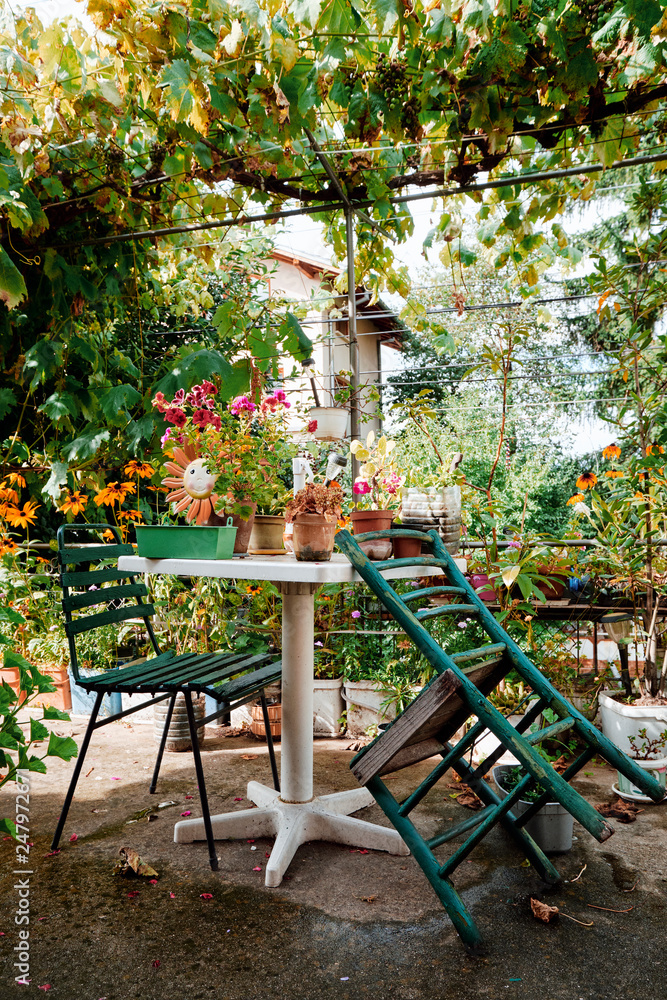 Sunny terrace with flowers, table and green chairs
