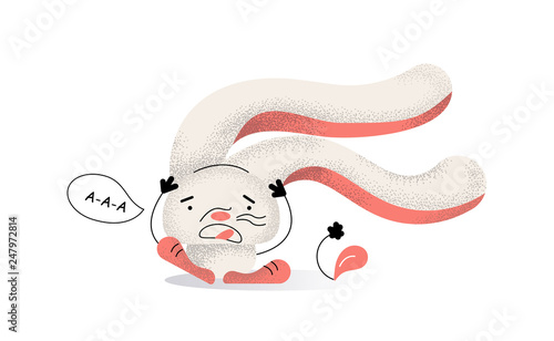 The wind blows and blows the rabbit. The hare holds big ears and screams. Vector flat cartoon style illustration on white background.