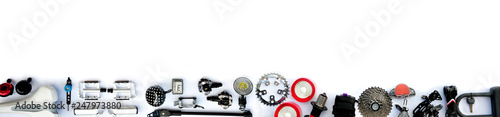 Bicycle parts and accessories on a white background.