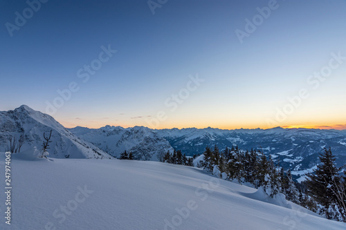 Winter landscape in the Allgaeu Alps (Bavaria, Germany) after sunset. View to the Kleines Walsertal (Austria). Copy space © Andreas Föll