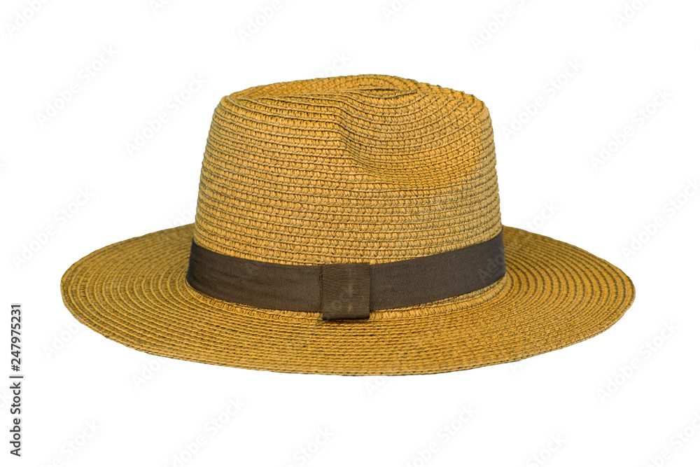 Vintage pretty straw hat isolated on white background. Beside view.