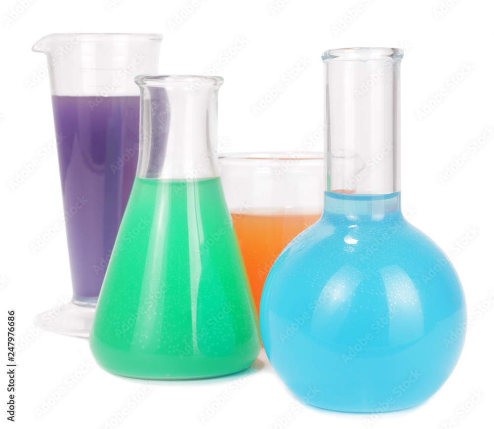 Chemicals liquids colorful in glass chemistry bottles Chemicals liquids colorful in glass chemistry bottles