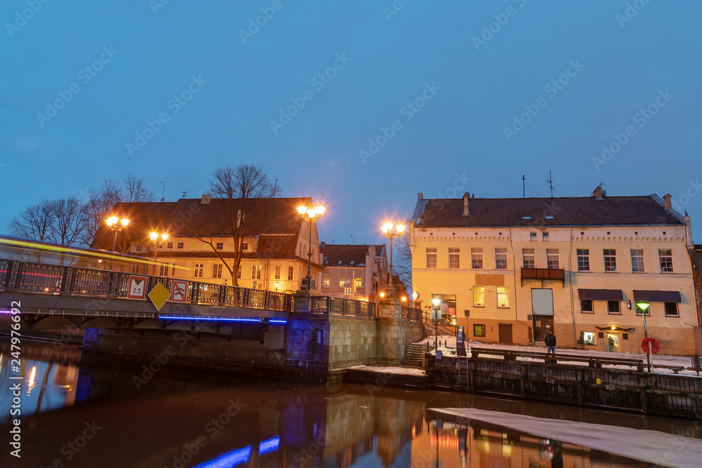 Klaipeda city, Lithuania in winter evening.