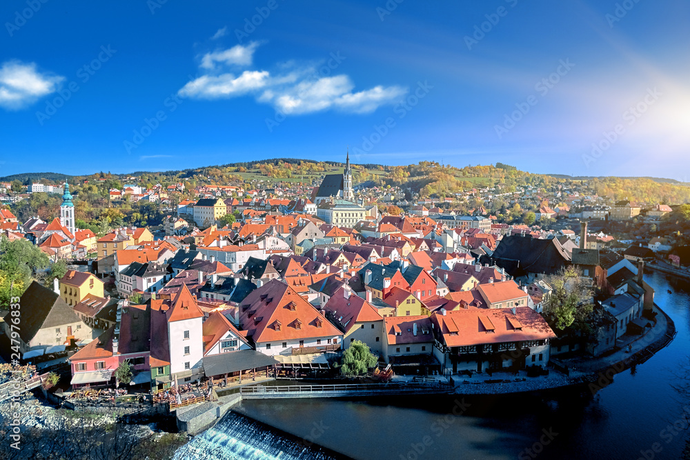 Aerial view over historic centre of Chesky Krumlov old town in the South Bohemian Region of the Czech Republic on Vltava River. UNESCO World Heritage Site