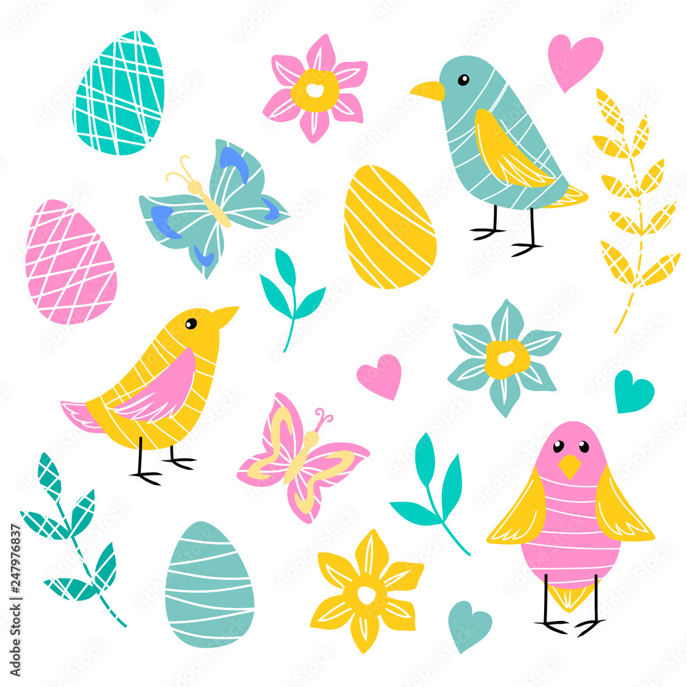 vector element set of spring Easter pink yellow blue birds eggs butterfly daffodil flowers leaf on white for childish cute design