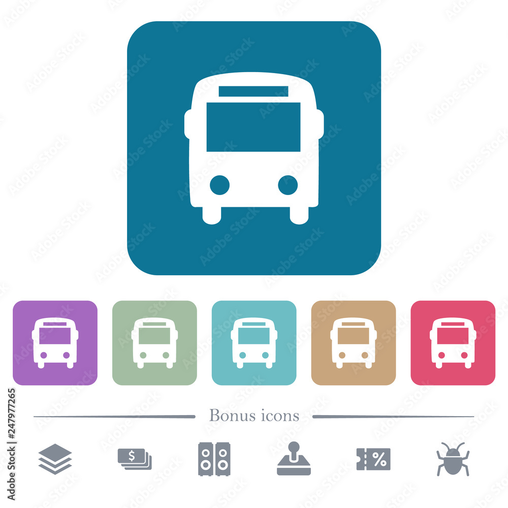 Bus flat icons on color rounded square backgrounds Bus flat icons on color rounded square backgrounds
