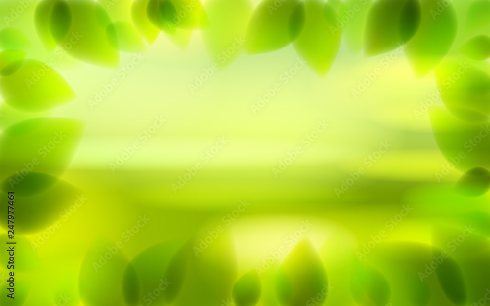 Fresh green leaves and blurred summer nature background beyond, realistic bright vector illustration with copy space for text. Fresh green leaves and blurred summer nature background beyond, realistic bright vector illustration with copy space for text.