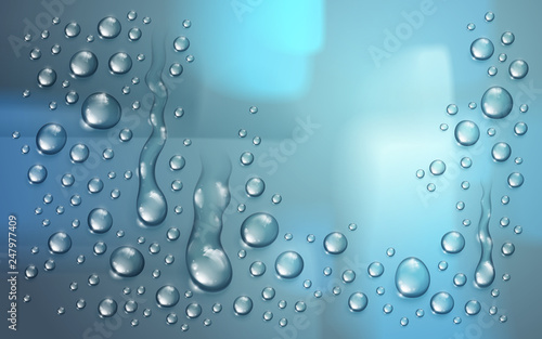Water rain drops or condensation over blurred background beyond the window realistic transparent 3d vector illustration, easy to put over any background or use droplets separately.