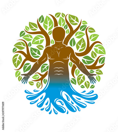 Vector human, individuality deriving from water wave and surrounded by eco green leaves. Alternative medicine, homeopathy graphic illustration.