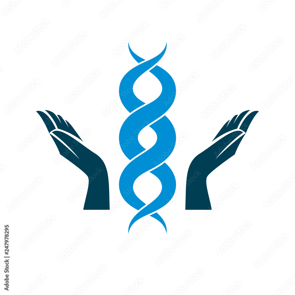 Obraz premium Caring hands hold a model of human DNA. Bioengineering as the direction of genetics, abstract vector scientific symbol best for use in education, science and humanity evolution research.