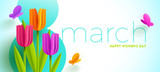 8 March International women's day illustration. Greeting card with paper tulips flowers and butterflies. Vector design.