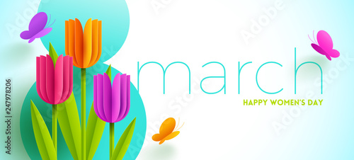8 March International women's day illustration. Greeting card with paper tulips flowers and butterflies. Vector design.
