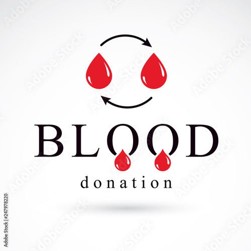 Blood donation vector symbol created with red blood drops and circulation arrows. Volunteer donorship, healthcare and medical treatment conceptual logo.