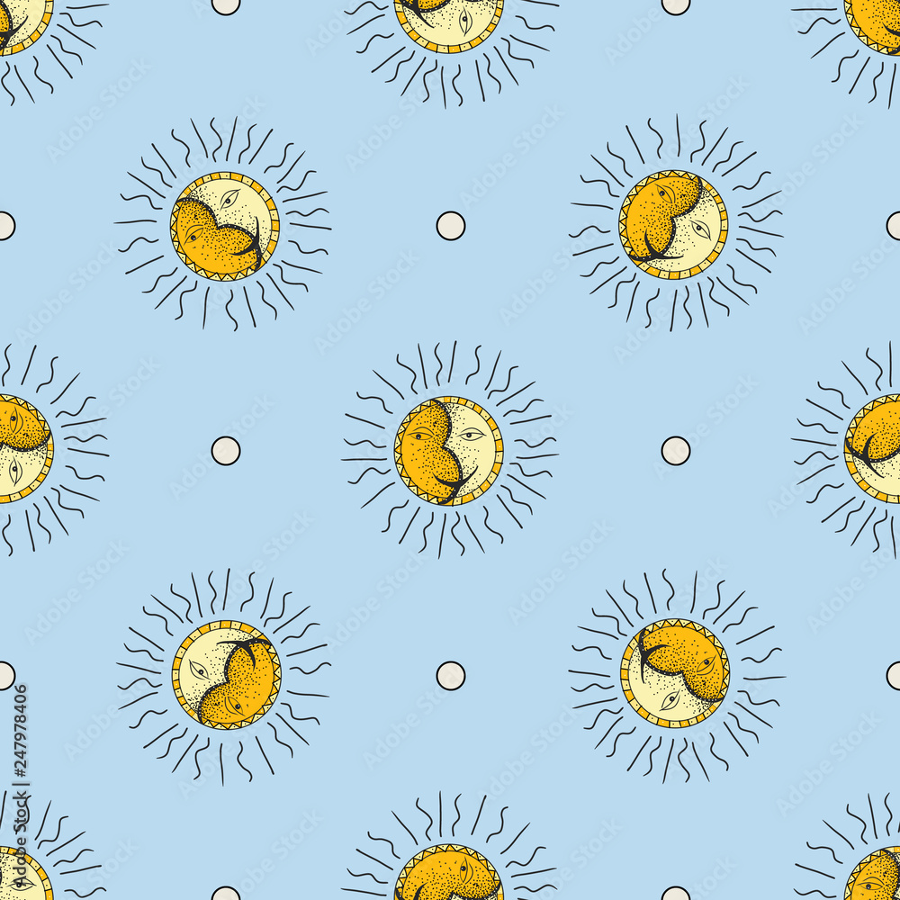 Hand drawn sun and moon seamless pattern. Doodle pattern. Styling the hand drawing Hand drawn sun and moon seamless pattern. Doodle pattern. Styling the hand drawing