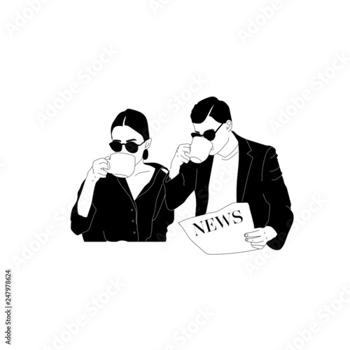 A man with a newspaper, a woman with a cup of coffee, fashionable girl with glasses, brutal stylish guy, a couple in love. Hand drawn vector illustration