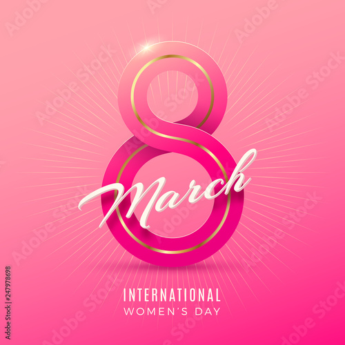 8 March International women's day greeting card with ribbon in the shape of sign eight  Vector illustration.