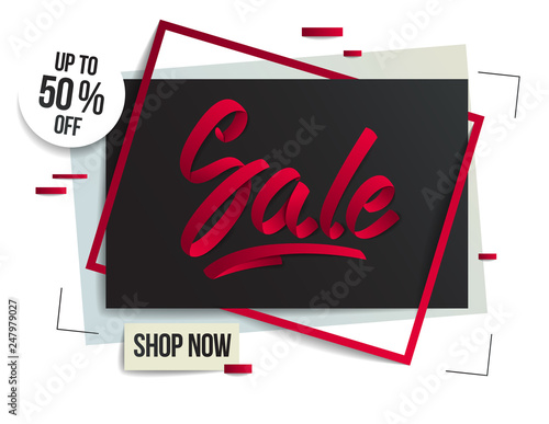 Sale flyer template with lettering, poster, card, banner, advertising design, moderate colors vector modern style cartoon paper cut 3d illustration.