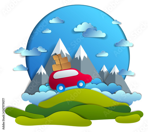 Car travel and tourism, red minivan with luggage riding off road with mountain peaks in background, clouds in the sky, paper cut vector illustration of auto in scenic nature landscape.