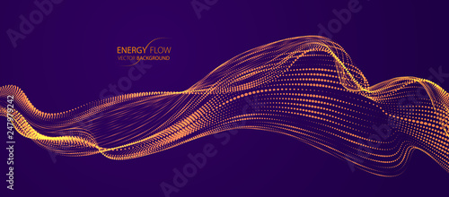 Array of particles flowing over dark background, dynamic sound wave. 3d vector illustration. Mesh shining round dots, beautiful relaxing wallpaper illustration.