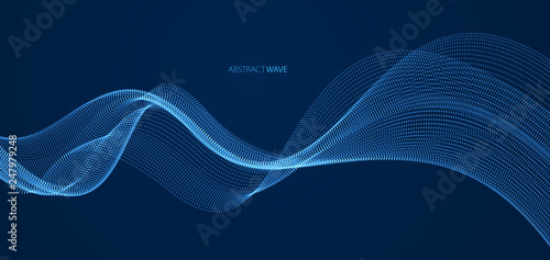 Array of particles flowing over dark background, dynamic sound wave. 3d vector illustration. Mesh shining round dots, beautiful relaxing wallpaper illustration.