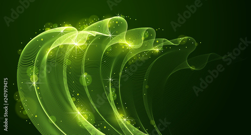 Flowing magic energy particles over dark, wave of blended dots transparent tulle textile on wind. Curved dotted 3d lines vector effect illustration. 3d futuristic style.