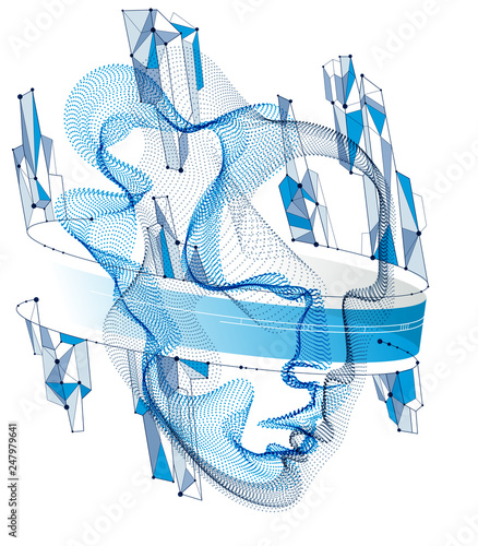 Technological evolution time, digital software soul of machine, human head vector portrait made of dotted particles flow in wave shapes lines. Beautiful futuristic illustration.