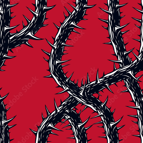 Horror art style seamless pattern, vector background. Blackthorn branches with thorns stylish endless illustration. Hard Rock and Heavy Metal subculture music textile fashion stylish design.