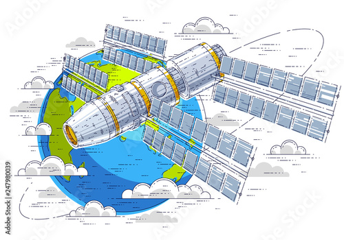Space station flying orbital spaceflight around earth, spacecraft spaceship iss with solar panels, artificial satellite. Thin line 3d vector illustration.