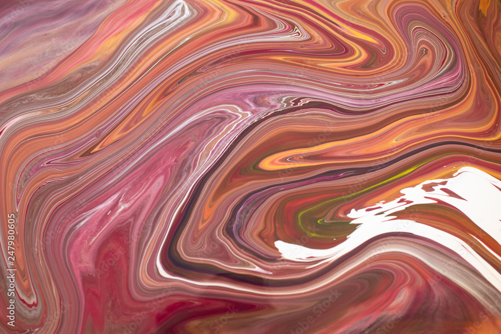 Fototapeta premium Abstract painting background in red warm tones. Marbleized effect with fluid painting, background suitable for wallpapers, poster art, postcard. Swirls and stripes in red tone and white colors