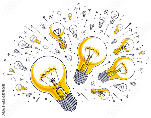 Shining light bulb and set of lightbulb icons, ideas creative concept, brainstorm allegory, vector illustration.
