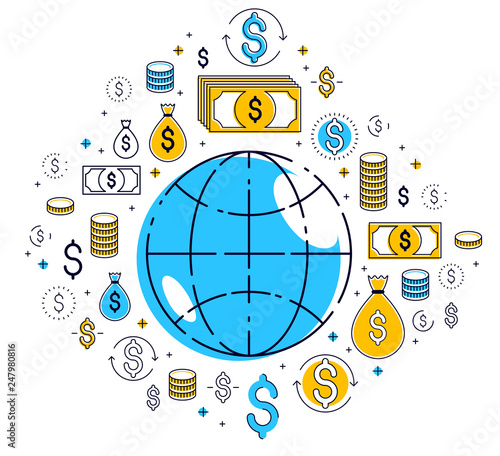 Global economy concept, planet earth with dollar icons set, international business, currency exchange, internet global network connection, vector, elements can be used separately.