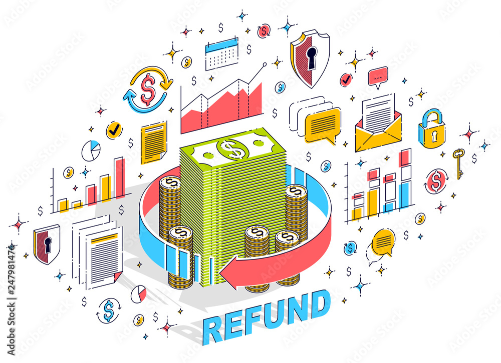 Money circulation, return on investment, currency exchange, cash back, money refund, concepts can be used. Vector 3d isometric business illustration with icons, stats charts and design elements.