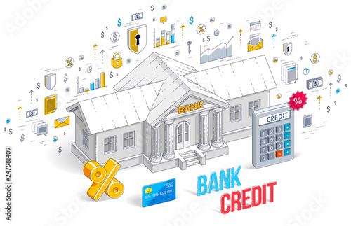 Credit concept, bank building with calculator and percent symbol isolated on white background, banking theme. 3d vector business isometric illustration with icons, stats charts and design elements.