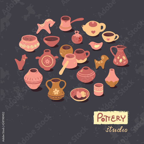 Circle template pottery workshop, ceramics classes banner illustration. Vector line icon of clay studio tools. Hand building, sculpturing equipment. Art shop template with lettering or place for text.