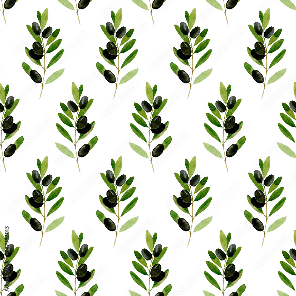 Watercolor seamless pattern Black olive on white