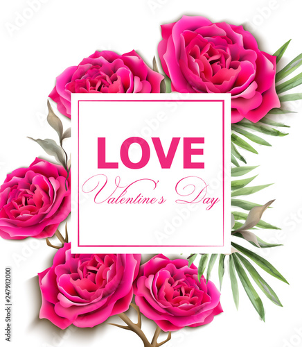 Roses card Vector realistic. Beautiful floral decor with palm leaves. Exotic ...
