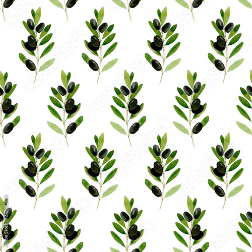 Watercolor seamless pattern Black olive on white