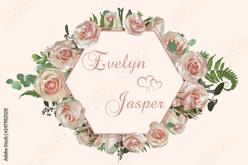 Wedding horizontal floral invitation, invite card. Vector watercolor set green forest fern, herbs, flowers, brunia, eucalyptus, branches boxwood, buxus, chamaelaucium and pink rose. Decorative frame