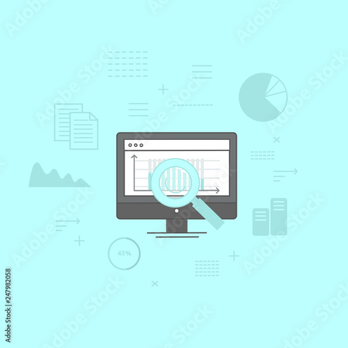 Flat line vector graphic design template - business and web analytics, data flow and market research.