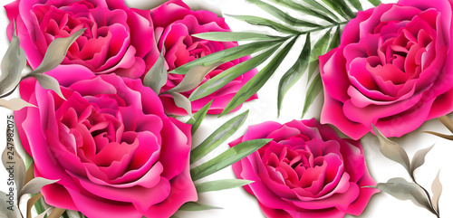 Roses card Vector realistic. Beautiful floral decor palm leaves. Exotic tropi...