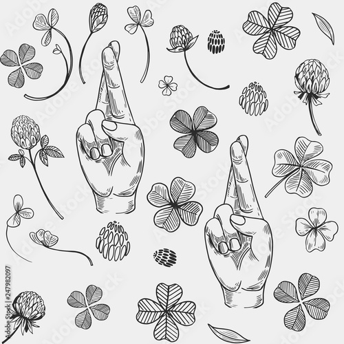 Seamless vector pattern with crossed fingers and a four-leaf clover. Engraving style.