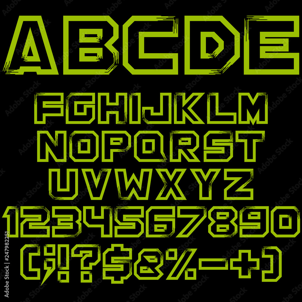 Green alphabet, numbers and signs. Isolated vector objects on black background.