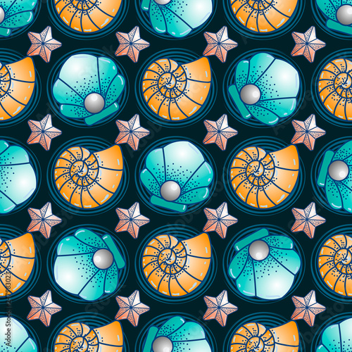 Sea inhabitants sea scallop, starfish and seashell seamless pattern. Sea print