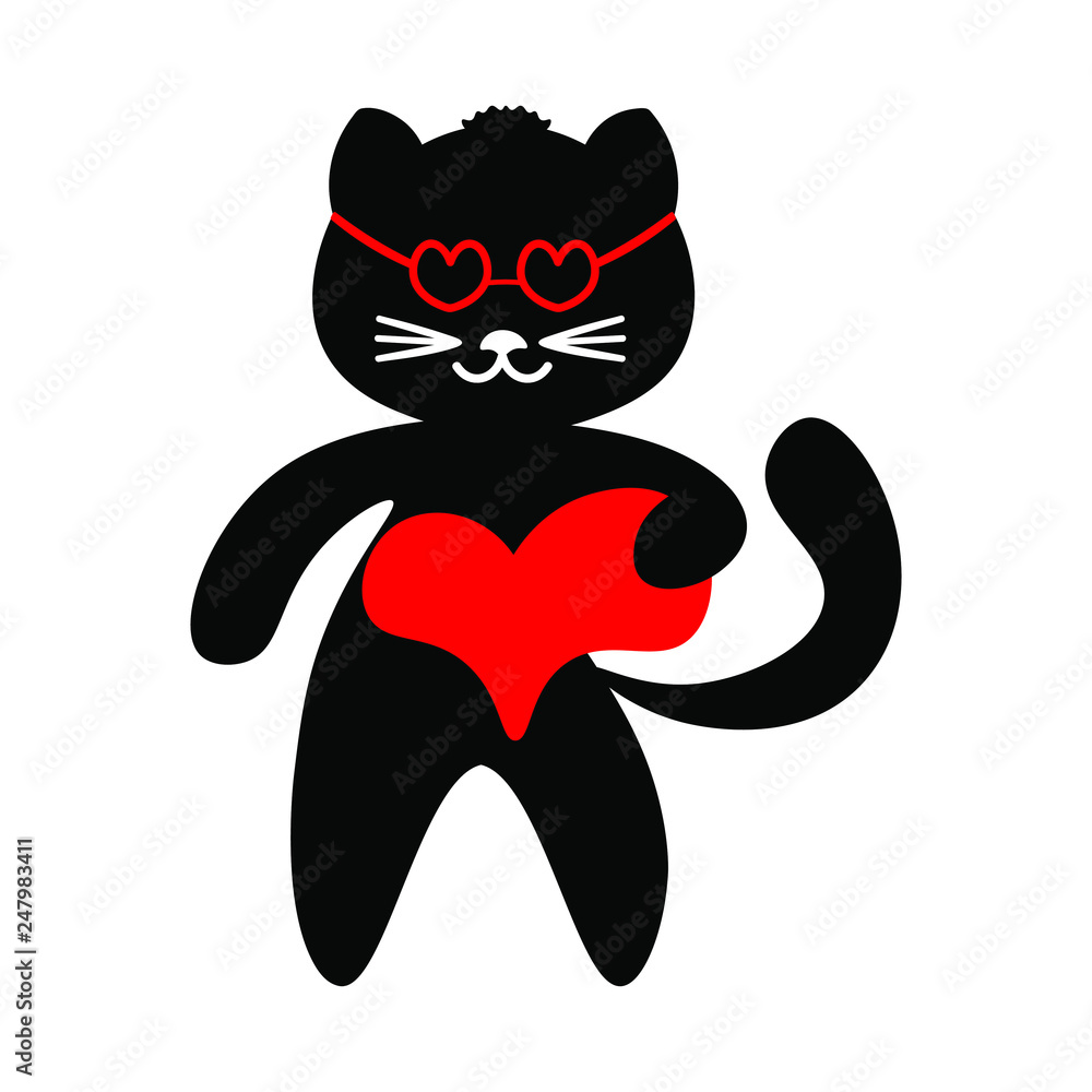 Black cat with red heart on white background. Sign, symbol, Valentine. Black cat with red heart on white background. Sign, symbol, Valentine.