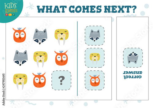What comes next kids educational quiz vector illustration.