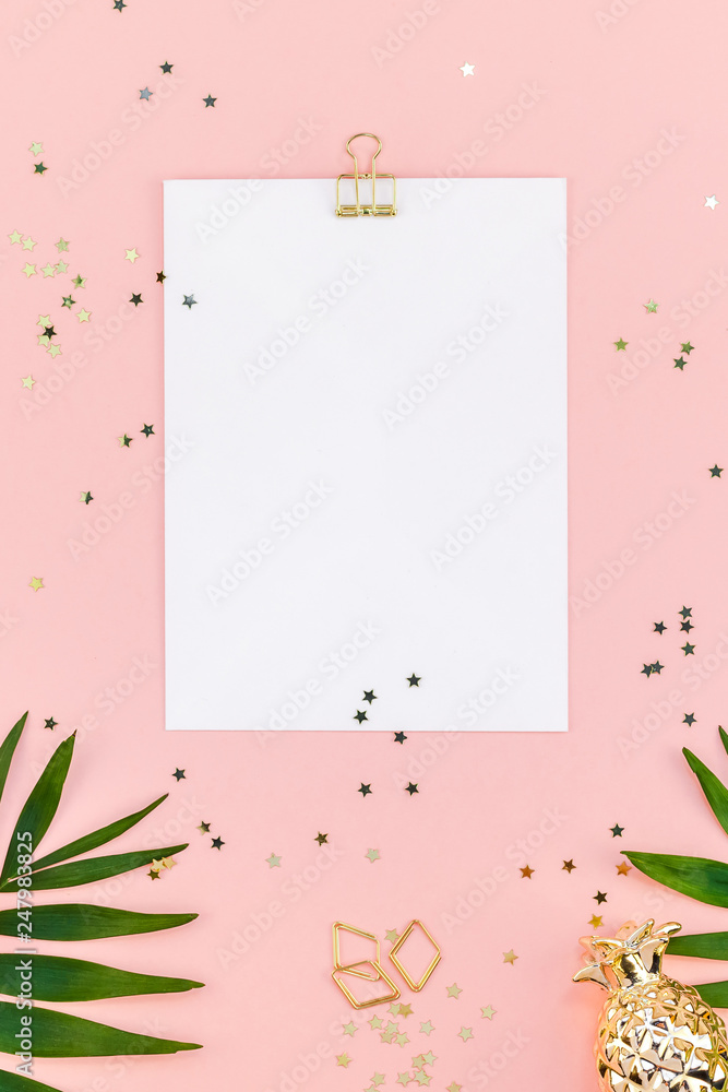 Clip board mock up with green tropical leaves Clip board mock up with green tropical leaves