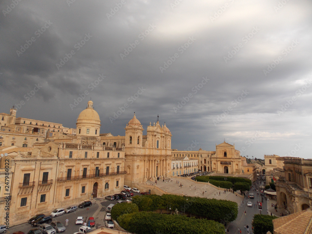 Thunderstorm in Noto, perfect city in Sicilian baroque style