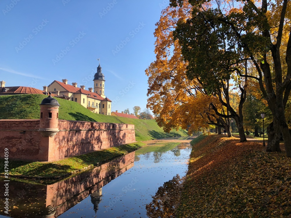 Nesvizh Castle in autumn. Minsk Region, Belarus. UNESCO World Heritage site.  