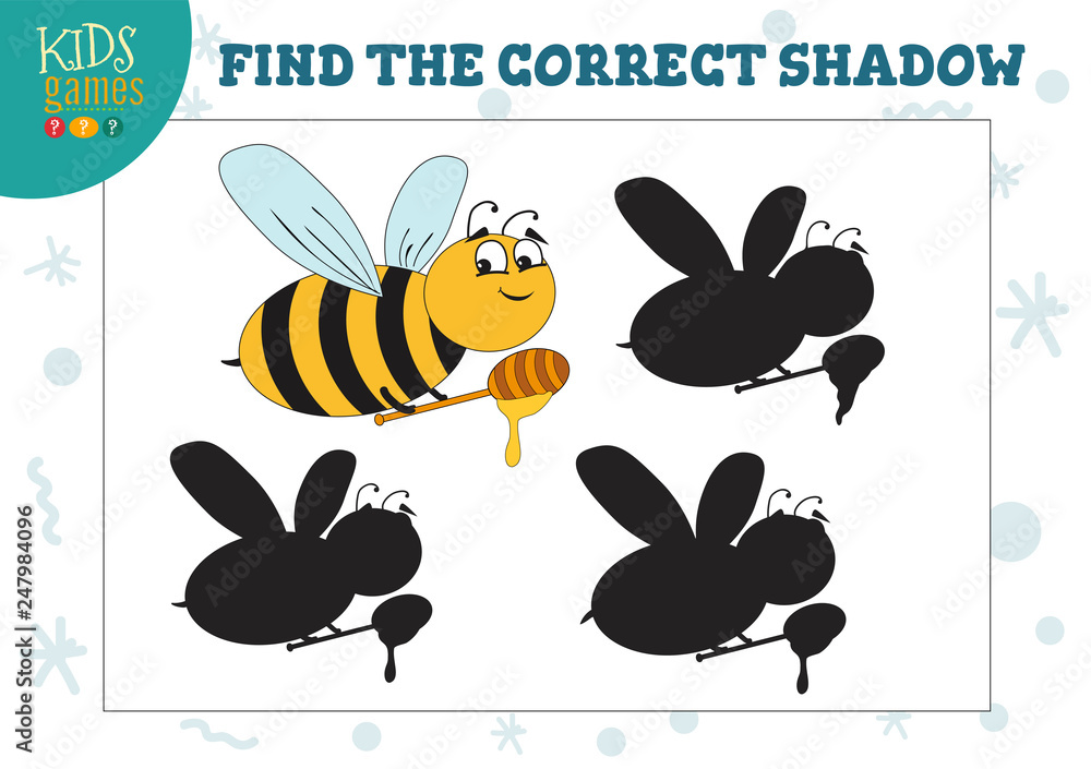 Find the correct shadow for cute bee with honey educational preschool kids game