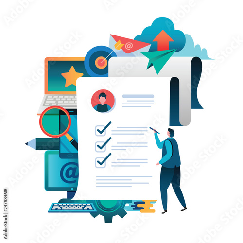 People fill out a form. Online application. Man Male Flat cartoon character graphic design. Landing page,banner,flyer,poster,web page